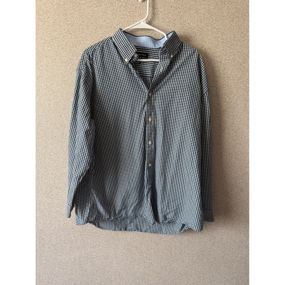 Nautica Mens Gingham Button Down Shirt Navy Green White Long Sleeve Size 17.5